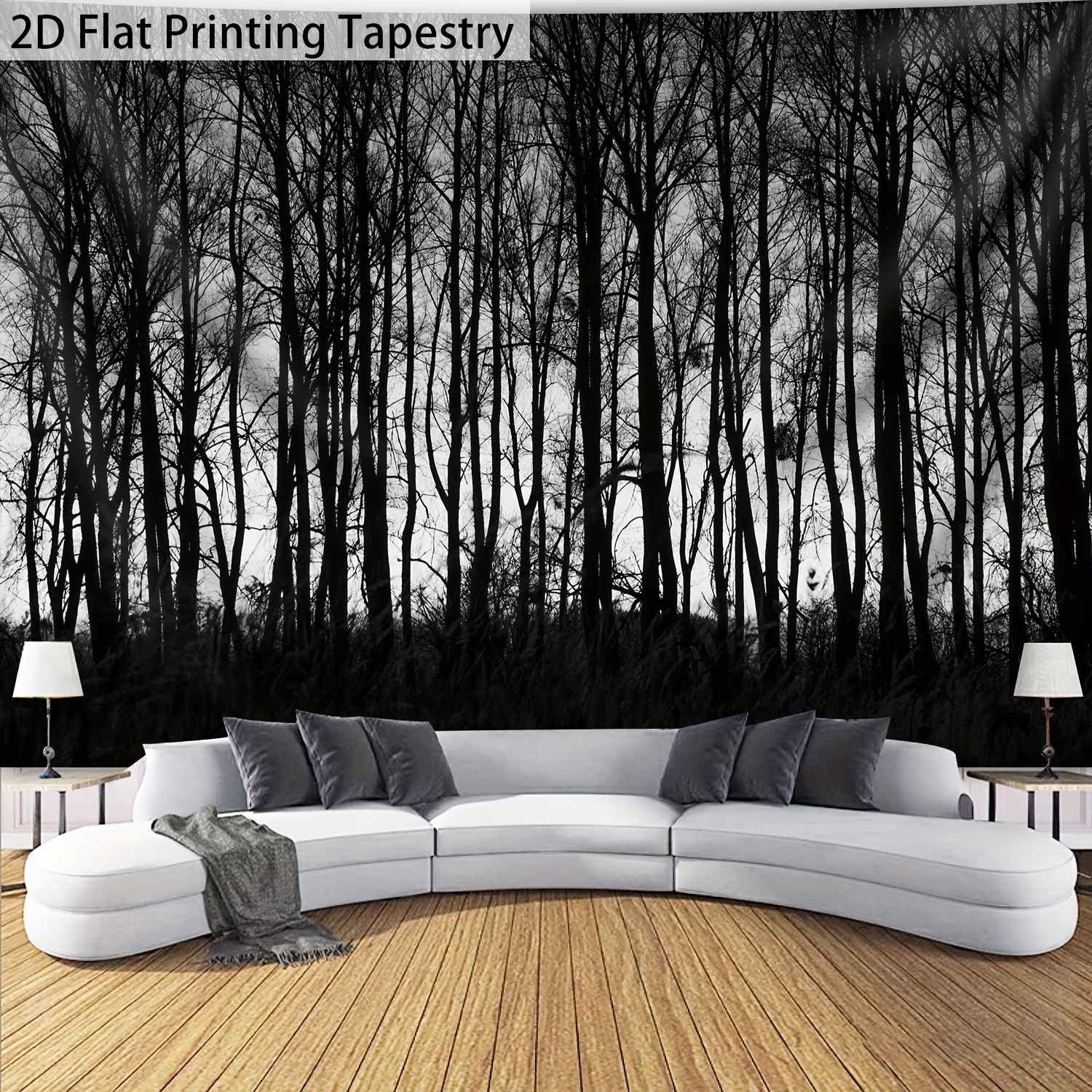 Ultra Large Size 2D Flat Printing 1pc Quiet Profound Black White Forest Aesthetic Polyester Tapestry For Home Party Decoration With Free Hanging Clips_voghion.com