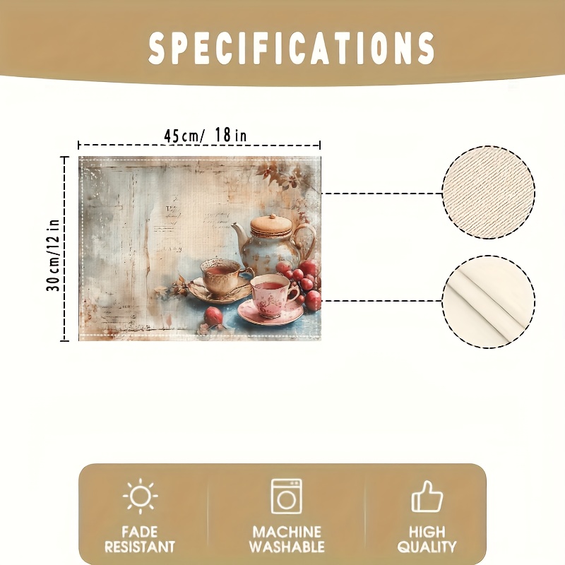 4pcs Vintage Tableware Pattern Artistic Placemats Heat Resistant Non Slip Washable Table Mats For Restaurants Kitchens Outdoor Garden Afternoon Tea_voghion.com