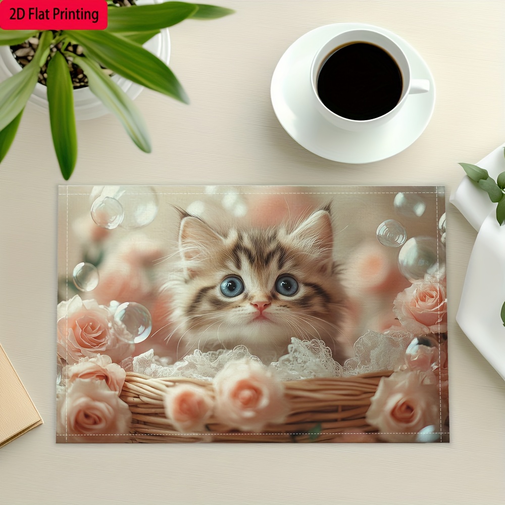 Set van 4 placemats met een schattig kittenontwerp. Stevige, rechthoekige placemats, ideaal voor feestelijke maaltijden, bijeenkomsten, gebruik in de keuken en op tafel thuis._voghion.com