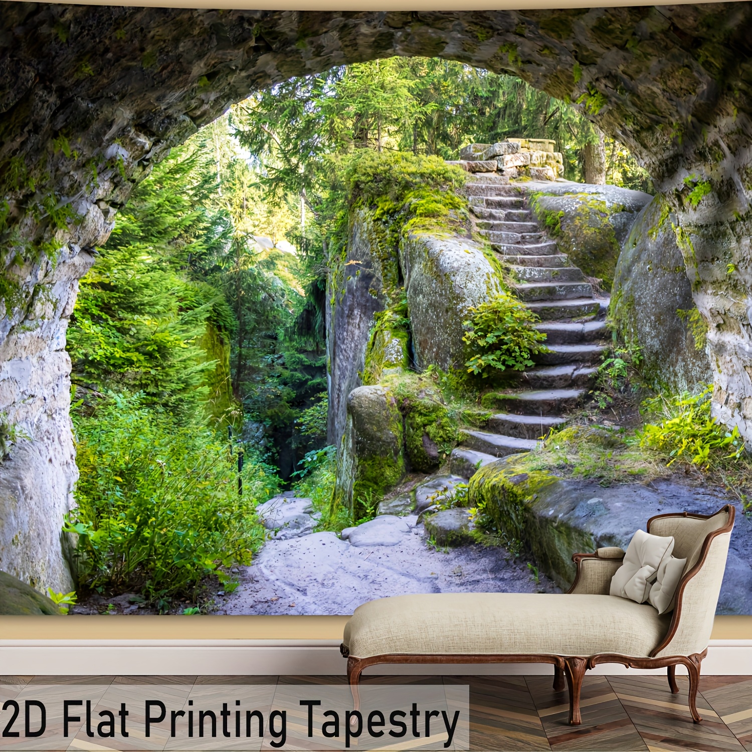 Tapisserie imprimée 2D grand format représentant une grotte, des arbres et des marches en pierre en haute définition - Fabriquée en fibre de polyester - Décoration intérieure - Installation non requise_voghion.com