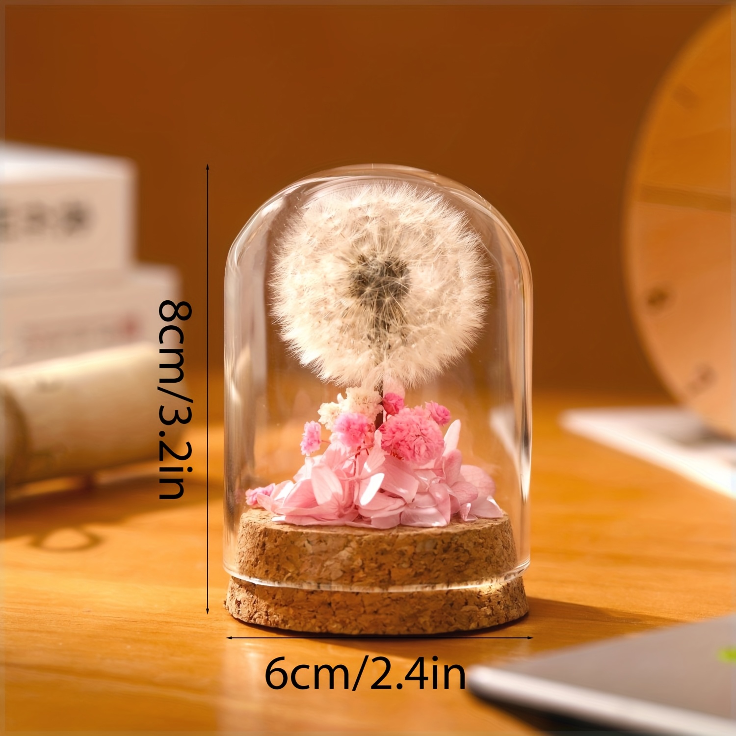 1pc Glass Dome Dandelion Plant Display - Realistic Artificial Flower Arrangement With Cork Base, Perfect For Home Decor_voghion.com