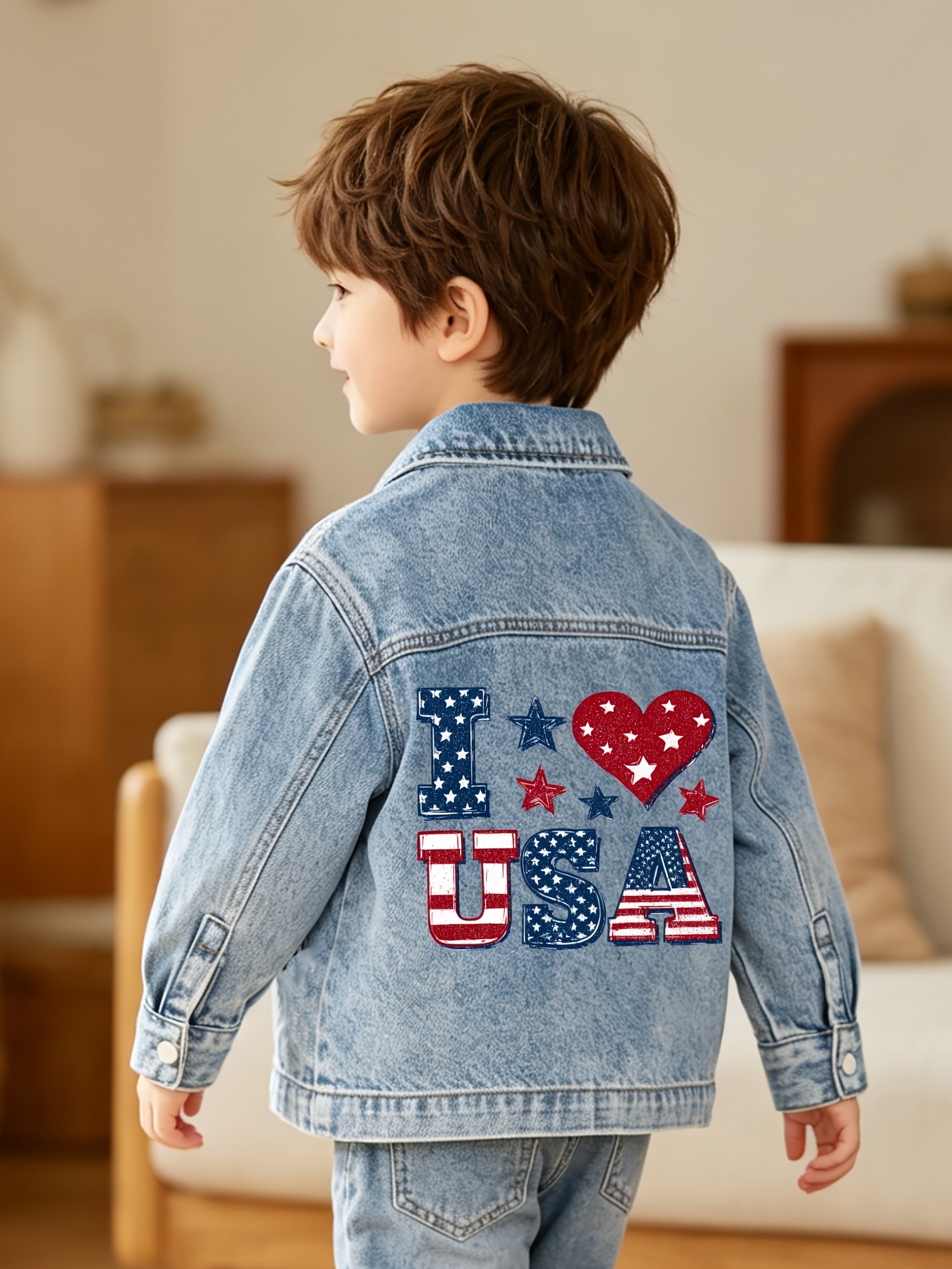 Veste en jean zippée à imprimé cœur et étoiles USA pour la fête nationale américaine, idéale pour les garçons de 14 ans et moins en toutes saisons, style décontracté avec poches._voghion.com