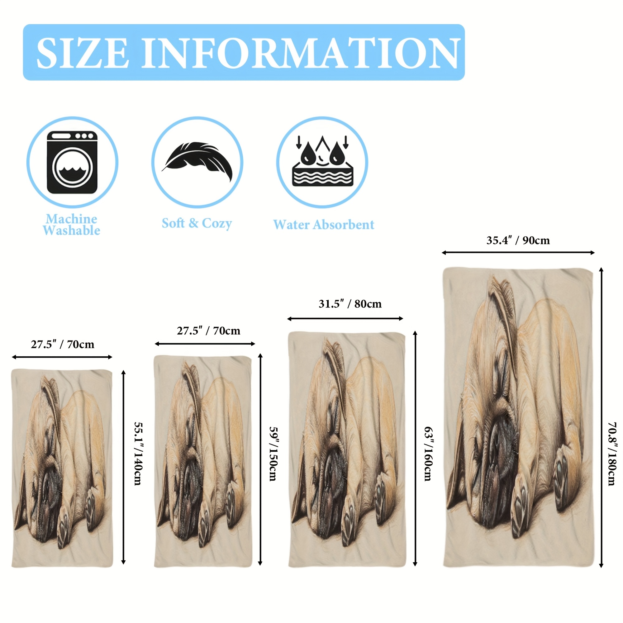 1pc Microfiber Beach Towel With Sleeping Pug Puppy Pattern Lightweight Absorbent Ideal For Yoga Travel Swimming Beach Fitness Camping Great Gift_voghion.com