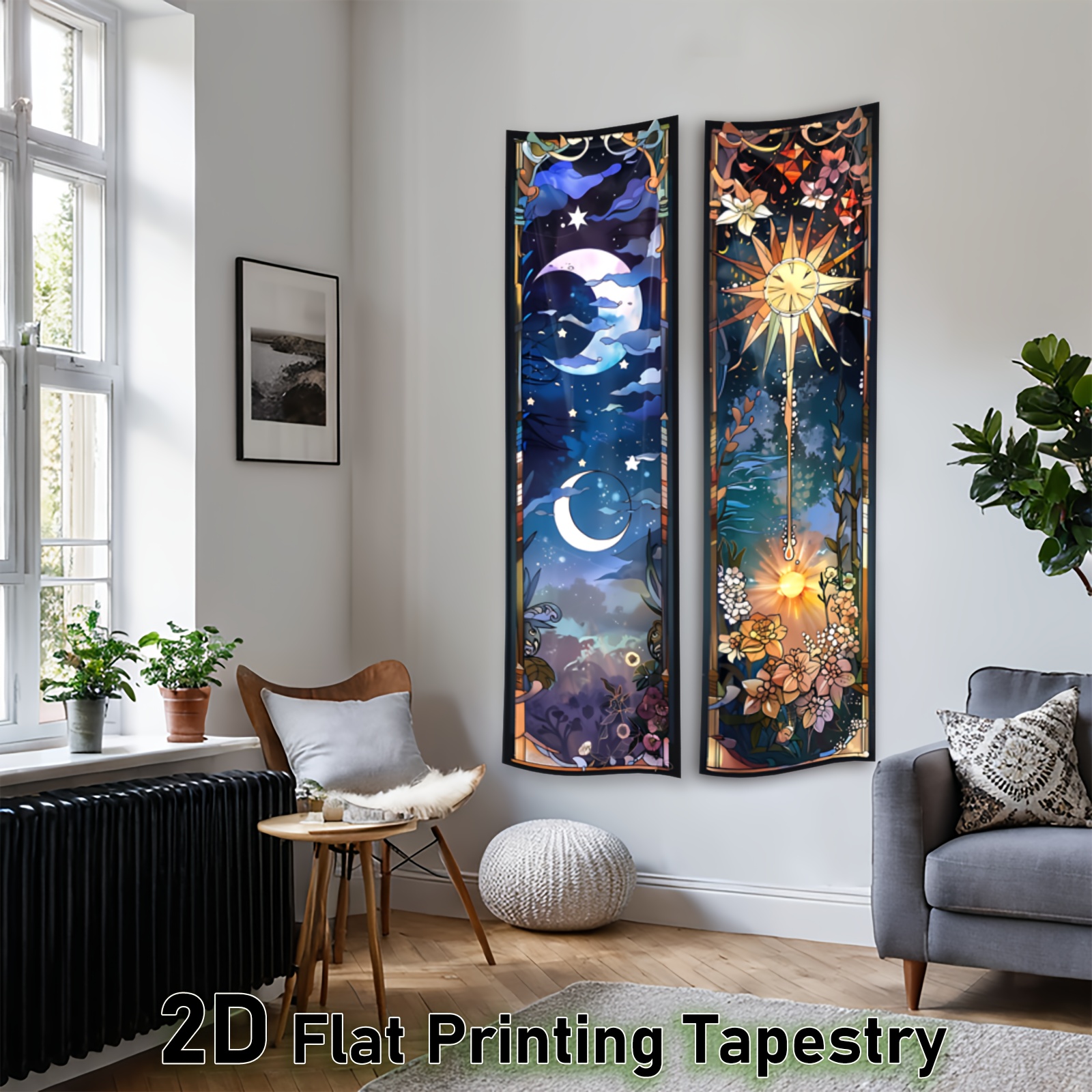 2 Pieces 2D Flat Vertical Banner Tapestry Sun And Moon Phases Design Long Narrow Wall Hanging Night Sky With Flowers Stars_voghion.com