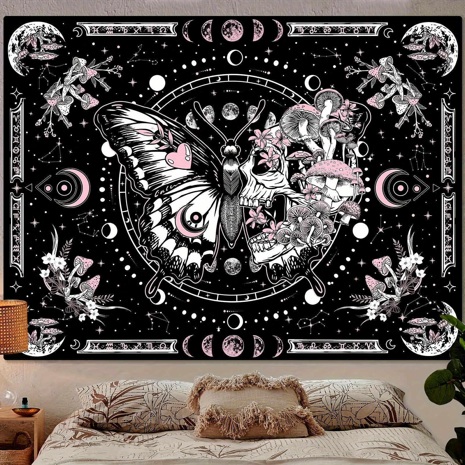Skeleton Butterfly Tapestry Pink Skull Hippie Mushroom Plants Tapestry For Bedroom Moon Phase Aesthetic Tapestries Wall Hanging For Living Room Dorm_voghion.com