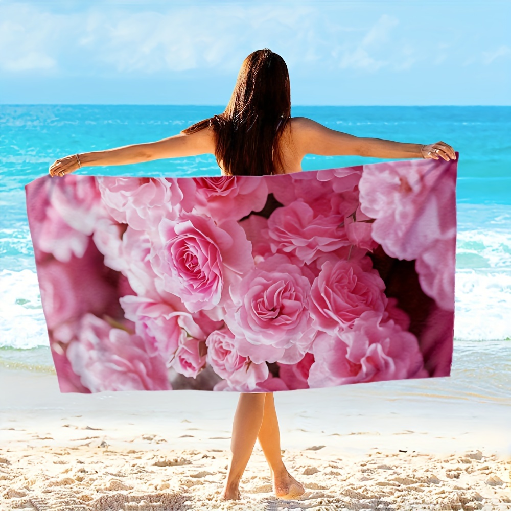 1pc Oversized Pink Rose Print Beach Towel Soft Durable Polyester Large Comfortable Beach Towel For Pool Travel Summer Outings_voghion.com