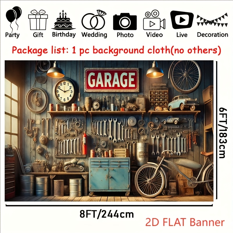 1pc 2D Flat Tapestry Banner 243.84X182.88cm Cluttered Garage Wall Party Banner For Wedding Birthday Festive Celebration Backdrop Home Room Wall Decor_voghion.com