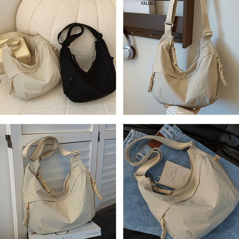 Borsa a tracolla da donna in tela intrecciata con nappine, tracolla larga regolabile, grande capacità, ideale per tutti i giorni, casual, da portare a spalla o a tracolla._voghion.com