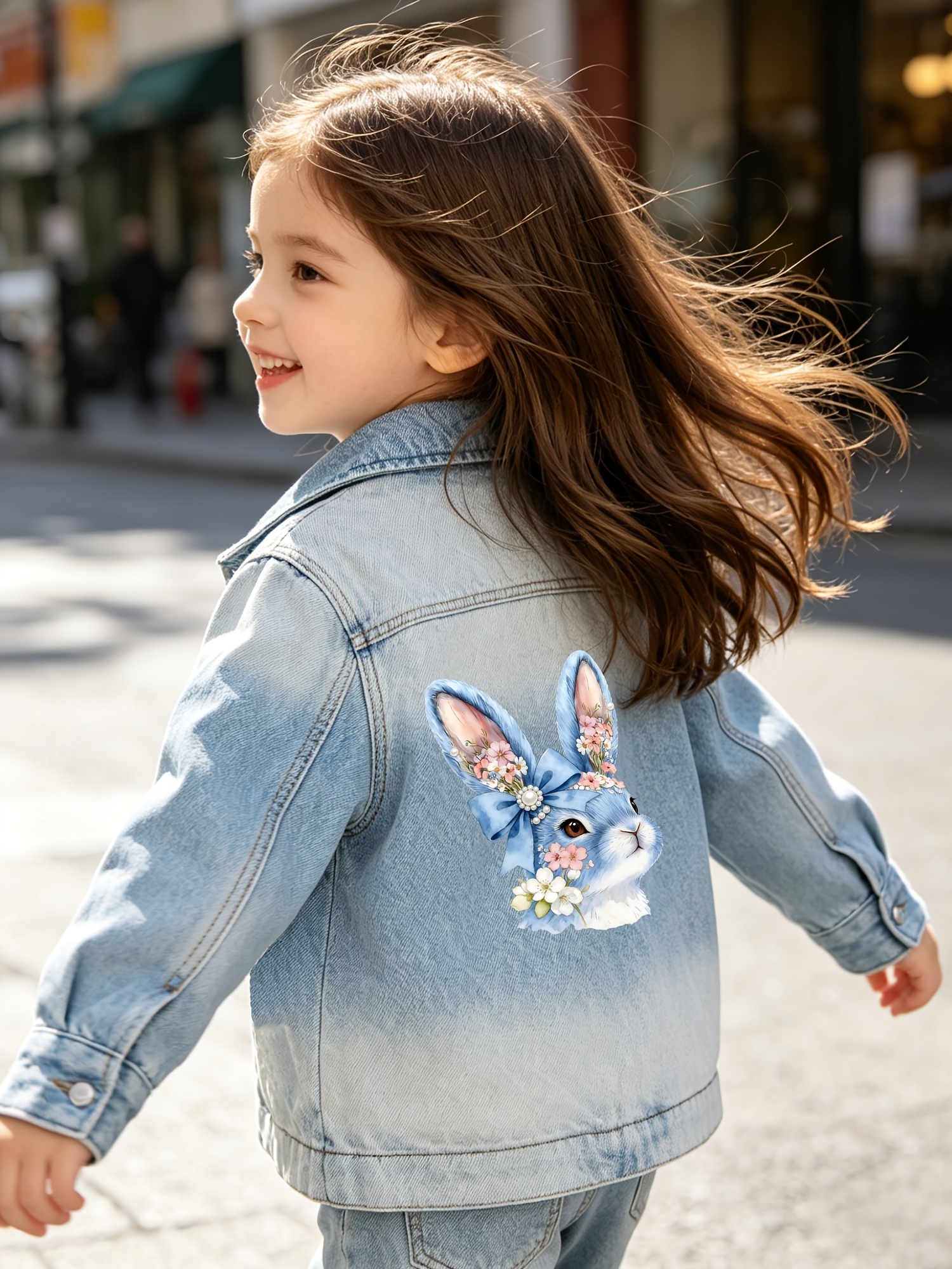 Blue Rabbit Floral Watercolor Print Girls Cartoon Print Denim Jacket With Pockets, 4-10 Years, Daily & Campus Wear_voghion.com