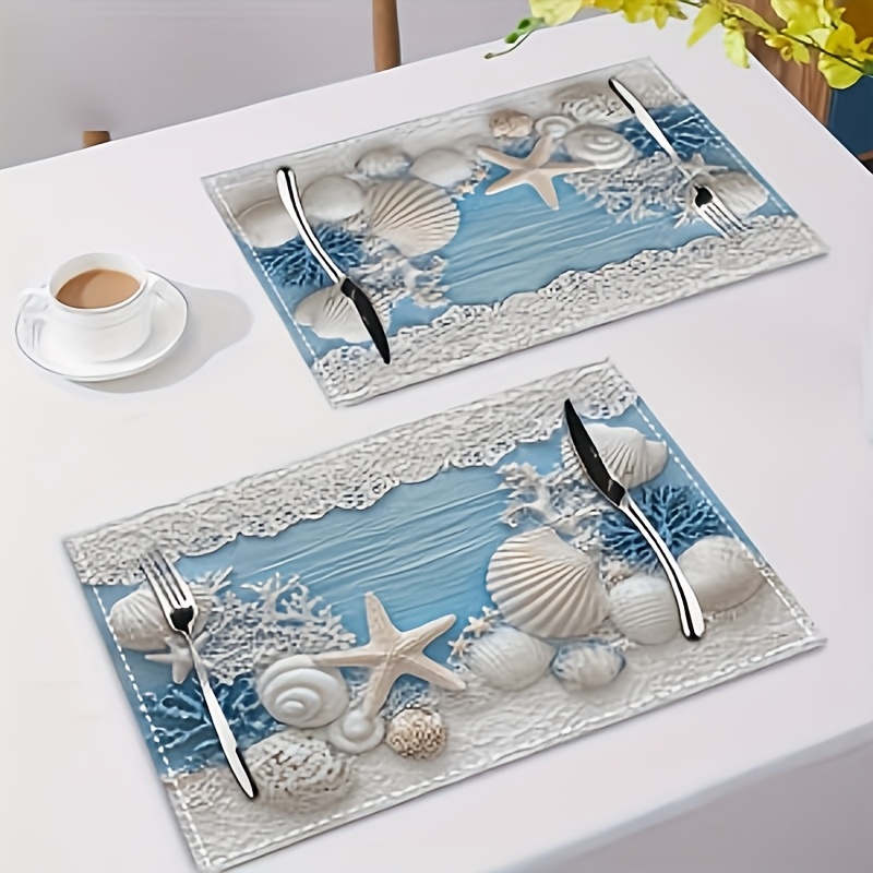 Set van 2/4/6 placemats met zeester- en schelpmotieven, rechthoekig, machinewasbaar, polyester materiaal, beschermt de tafel, geschikt voor_voghion.com