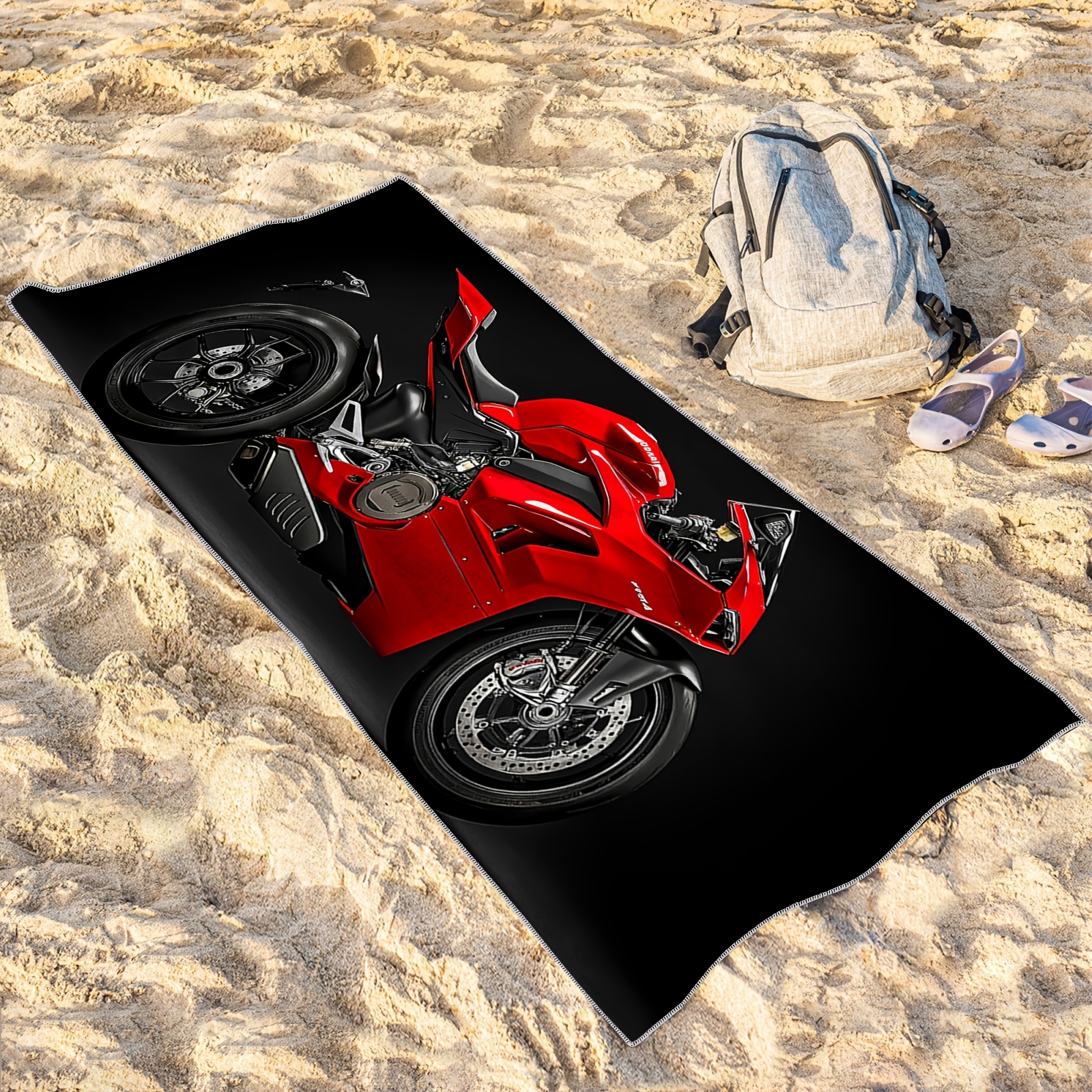 1pc Microfiber Beach Towel Red Motorcycle Black Lightweight Absorbent Suitable For Yoga Tourism Swimming Beach Fitness Camping Great Gift_voghion.com
