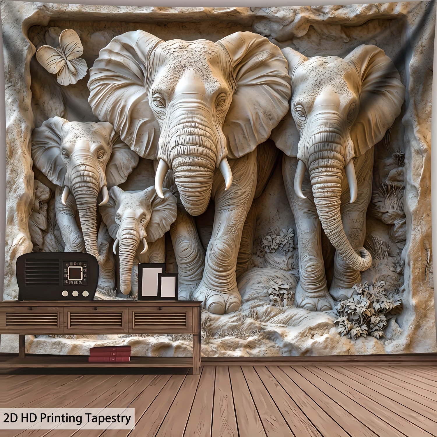 Tapisserie murale en polyester, très grand format, impression 2D, motif éléphants sculptés dans la pierre, impression numérique HD, idéale pour le salon. Décoration murale pour la maison ou le salon._voghion.com