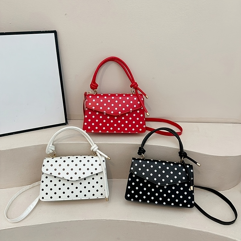 Niedliche, kleine, quadratische Damenhandtasche in Weiß und Schwarz mit weißen und schwarzen Punkten, geknotetem Henkel und abnehmbarem Schulterriemen, elegante Umhängetasche für jeden Tag._voghion.com