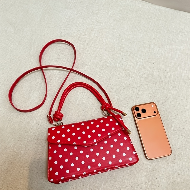 Niedliche, kleine, quadratische Damenhandtasche in Weiß und Schwarz mit weißen und schwarzen Punkten, geknotetem Henkel und abnehmbarem Schulterriemen, elegante Umhängetasche für jeden Tag._voghion.com
