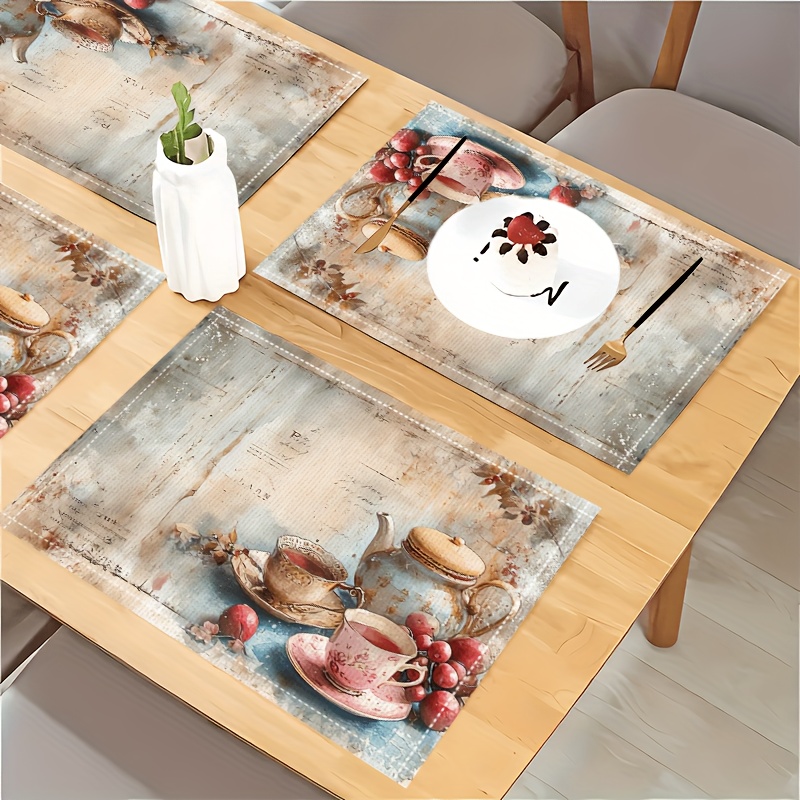 4pcs Vintage Tableware Pattern Artistic Placemats Heat Resistant Non Slip Washable Table Mats For Restaurants Kitchens Outdoor Garden Afternoon Tea_voghion.com