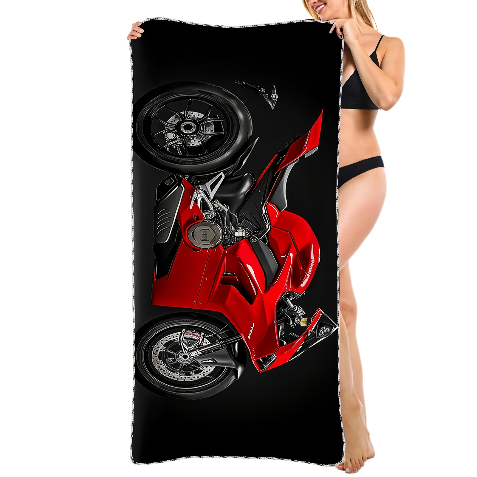 1pc Microfiber Beach Towel Red Motorcycle Black Lightweight Absorbent Suitable For Yoga Tourism Swimming Beach Fitness Camping Great Gift_voghion.com