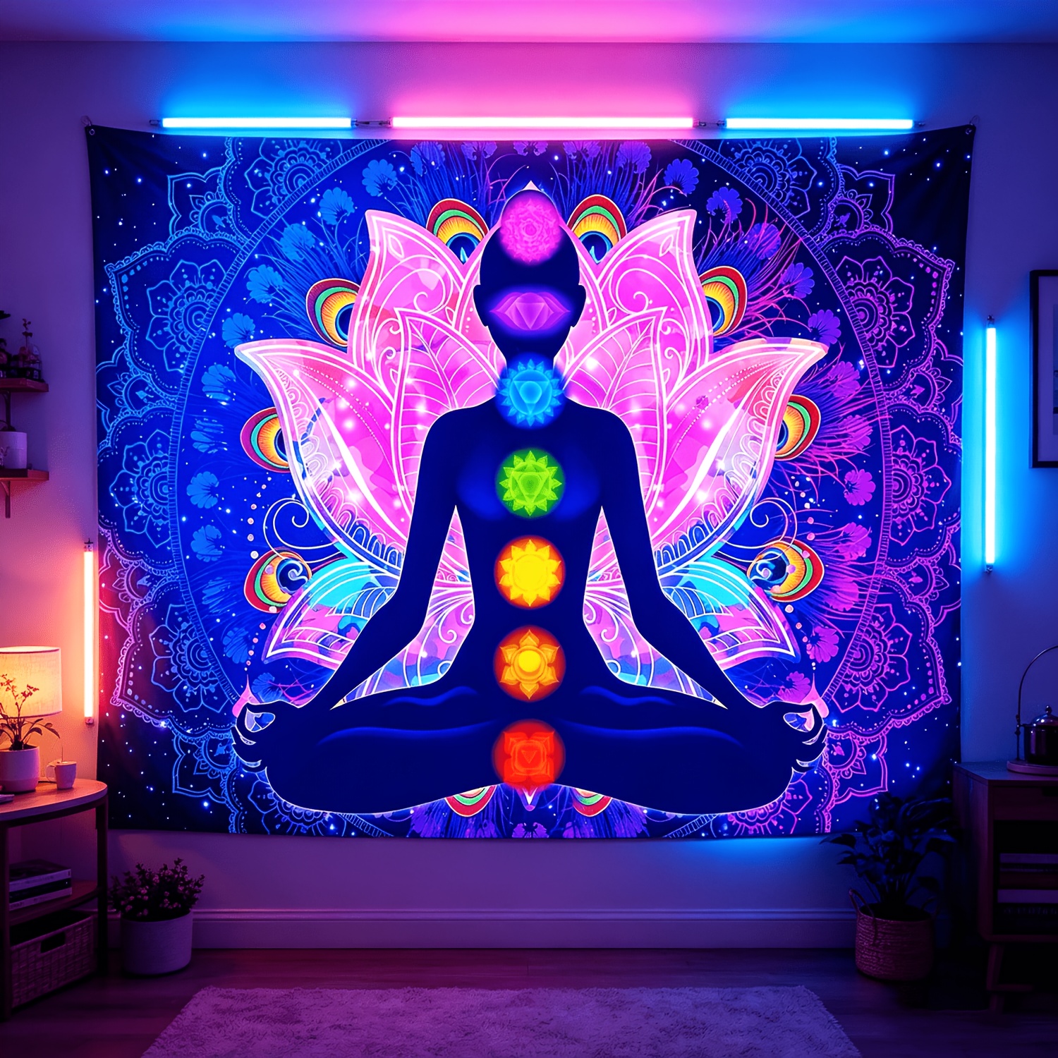 UV-zwartlichtreactief wandtapijt met zeven chakra's, Boheemse mandala, 1 stuk, yoga- en meditatietapijt, kleurrijk fluorescerend, voor slaapkamer en woonkamerdecoratie._voghion.com