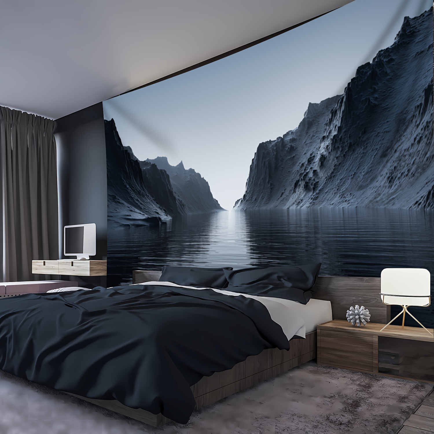 1pc Large Size Mountain Sea Landscape Wall Hanging Tapestry Polyester For Home Room Party Decor Live Streaming Background With Free Hanging Clips_voghion.com