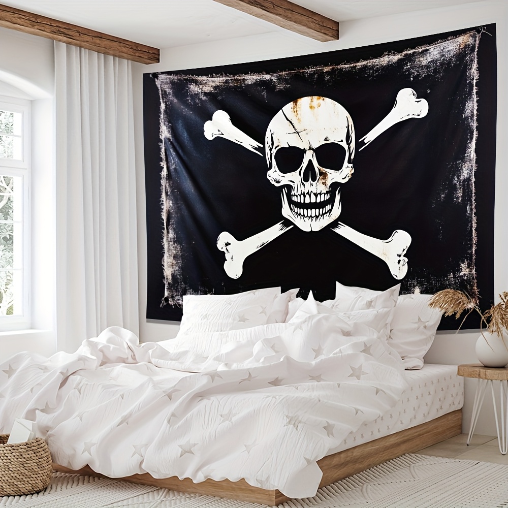Pirate Flag Design Skull Crossbones Tapestry 1pc Durable Polyester Vintage Distressed Nautical Decor For Indoor Outdoor Home Office Adventure_voghion.com