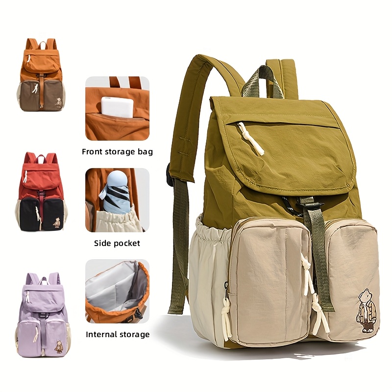 Vintage Contrast Color Bear Pattern Backpack Buckle Decor Multi Compartment Lightweight Daily Travel School Couple Laptop Rucksack_voghion.com