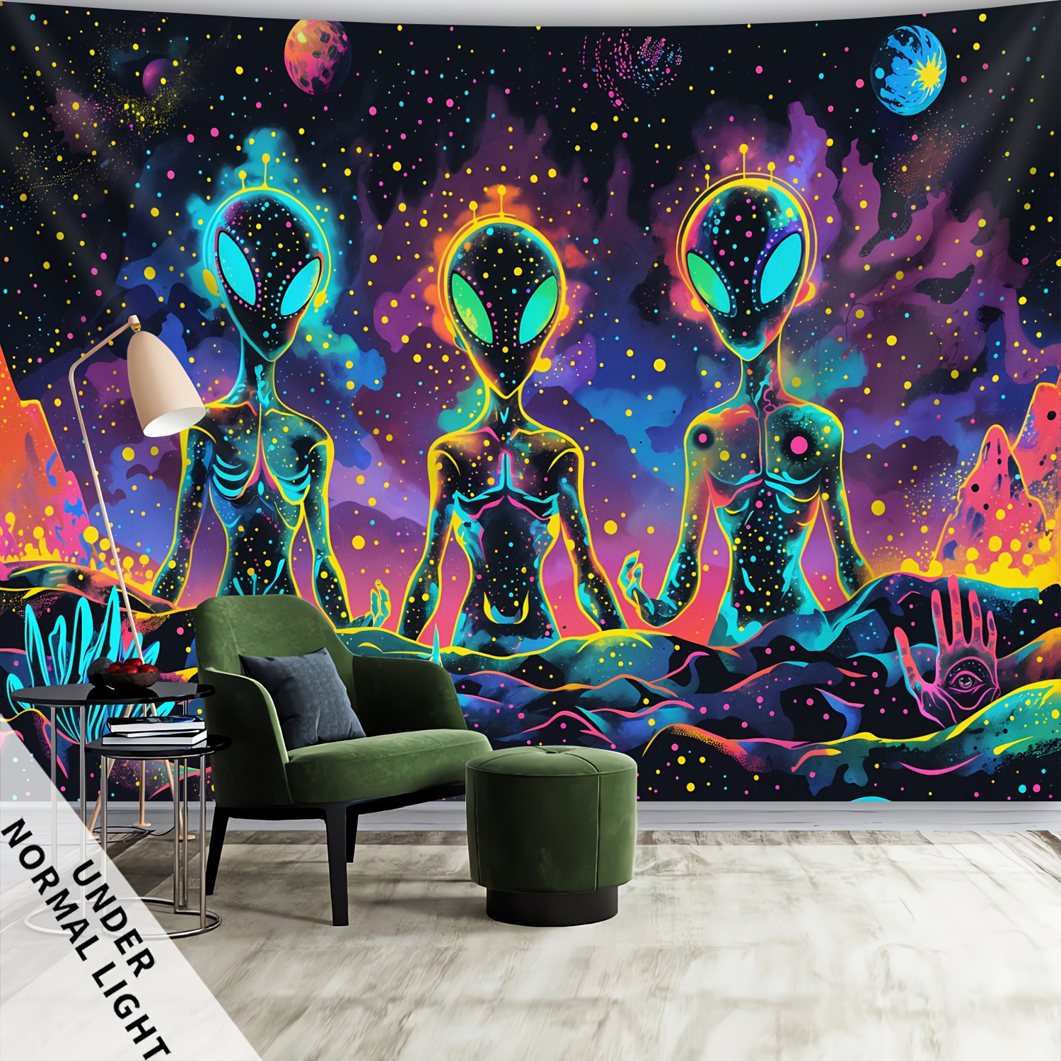 1pc Three Mysterious Aliens Glow In UV Light Large Size Peach Skin Fluorescent Tapestry Aesthetic Wall Decor For Bedroom Party With Free Accessories_voghion.com