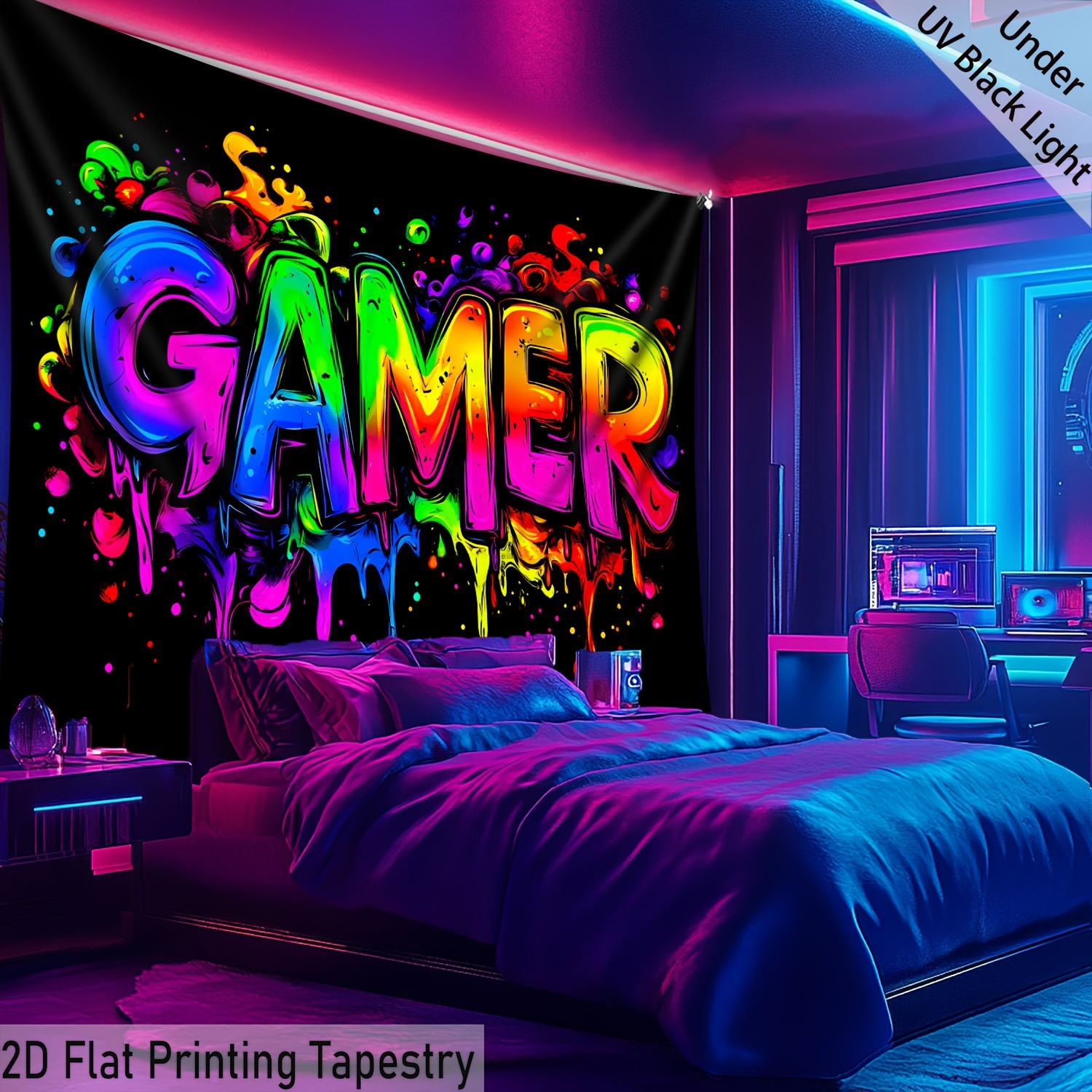 Tapisserie Saibok Game 1 pièce, très grande taille, impression 2D plate, phosphorescente sous lumière noire UV, en polyester numérique haute définition, pour la décoration intérieure_voghion.com