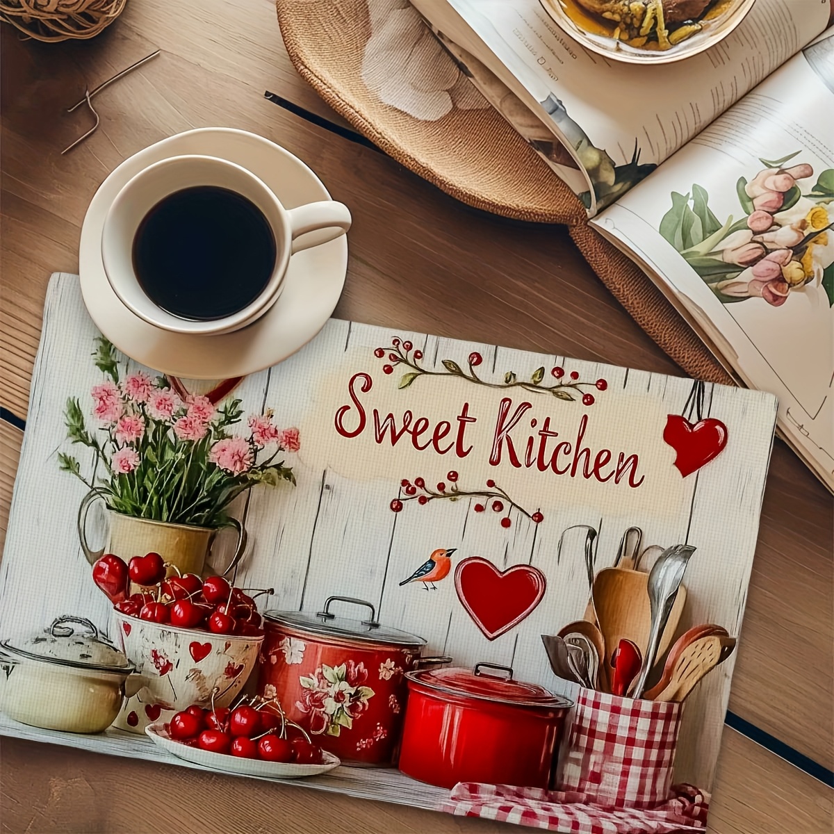 4pcs Rectangular Placemats - Thin Polyester - Early Summer Sweet Kitchen Element Placemats, Vibrant, Heat-Resistant And Easy To Clean, 30.48x45.72 Cm_voghion.com