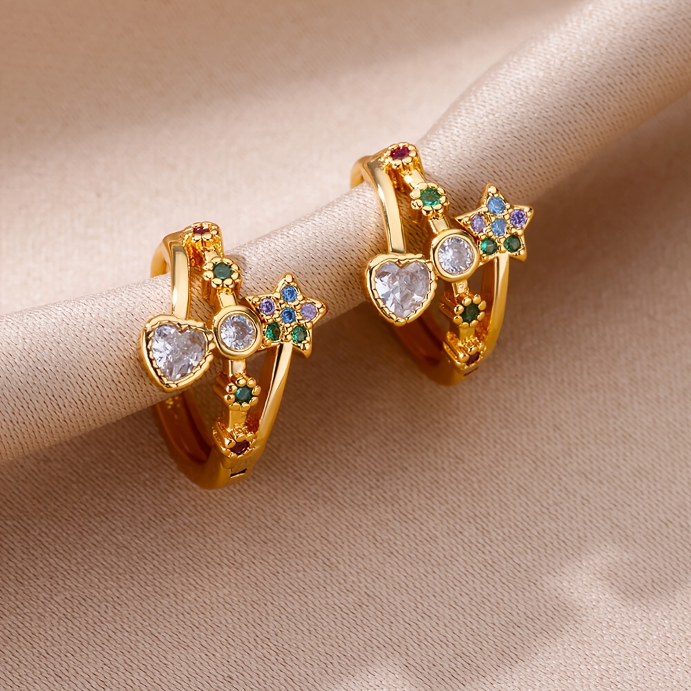1 paire de mini boucles d'oreilles créoles ornées de fleurs et de cœurs en zircone synthétique colorée, bijoux de mode exquis._voghion.com