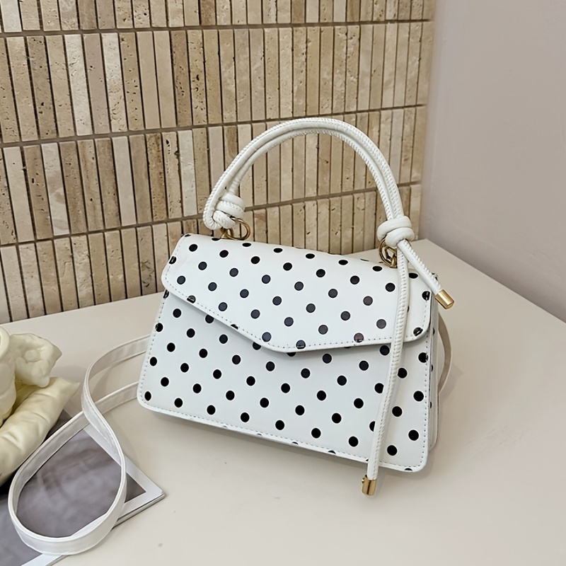 Niedliche, kleine, quadratische Damenhandtasche in Weiß und Schwarz mit weißen und schwarzen Punkten, geknotetem Henkel und abnehmbarem Schulterriemen, elegante Umhängetasche für jeden Tag._voghion.com