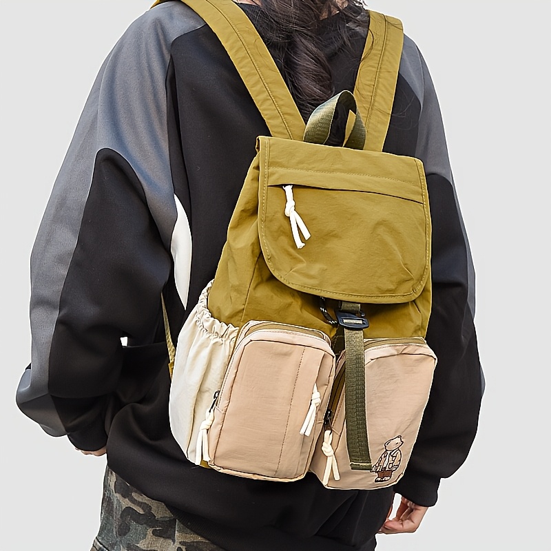 Vintage Contrast Color Bear Pattern Backpack Buckle Decor Multi Compartment Lightweight Daily Travel School Couple Laptop Rucksack_voghion.com