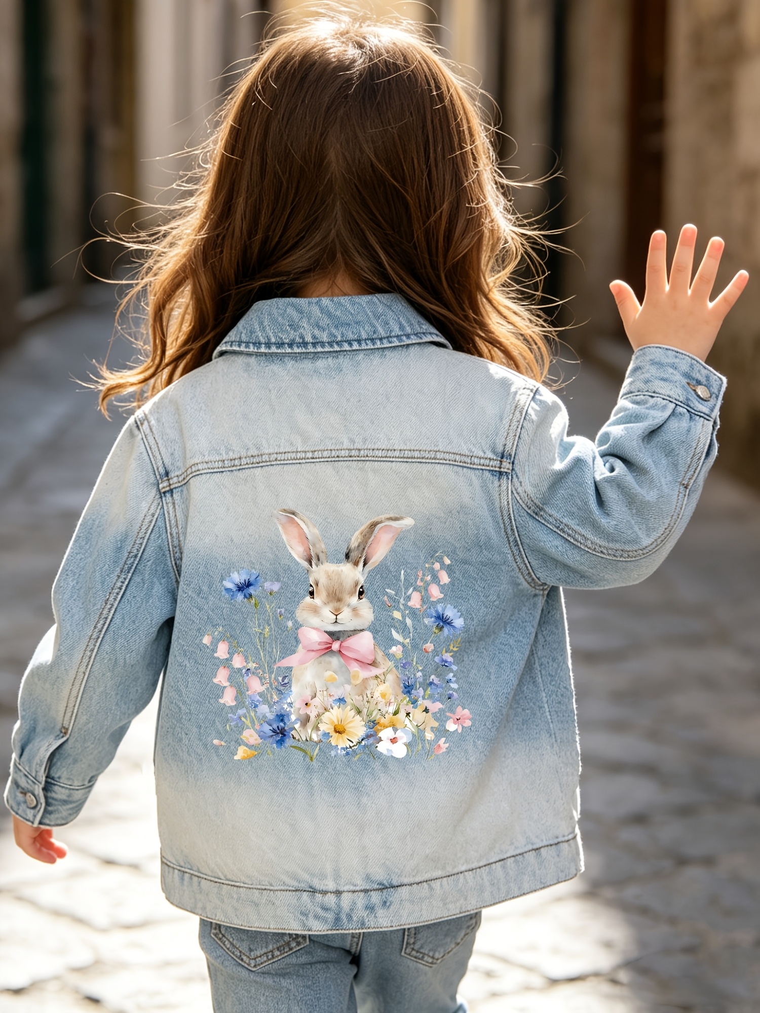 Jeansjacke mit Hasenmuster für Mädchen, Reißverschluss, lässiger Cartoon-Print, geeignet für Kinder von 4 bis 10 Jahren, ideal für den Schulalltag._voghion.com