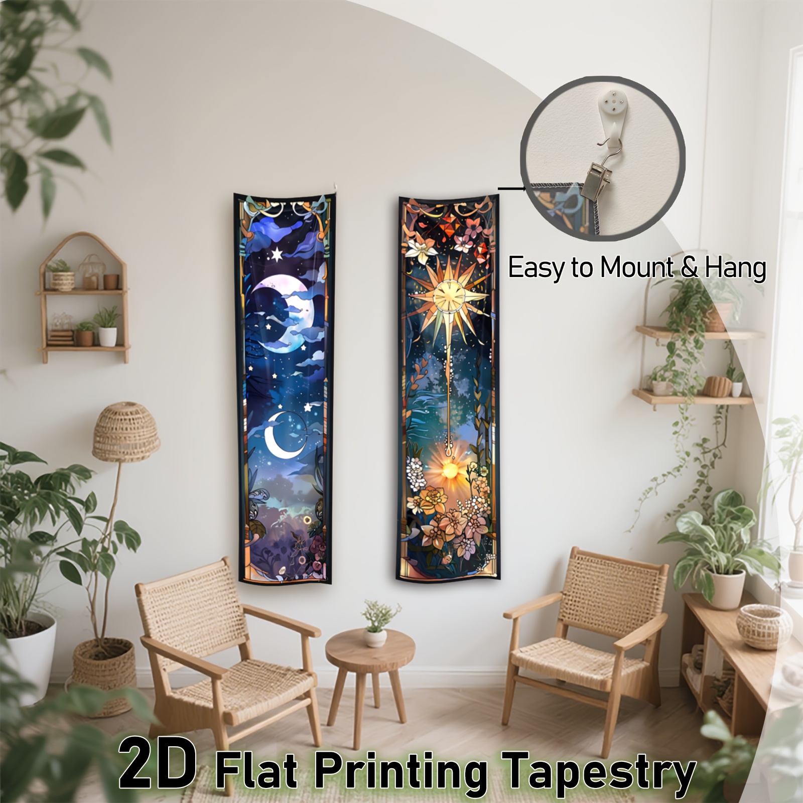 2 Pieces 2D Flat Vertical Banner Tapestry Sun And Moon Phases Design Long Narrow Wall Hanging Night Sky With Flowers Stars_voghion.com