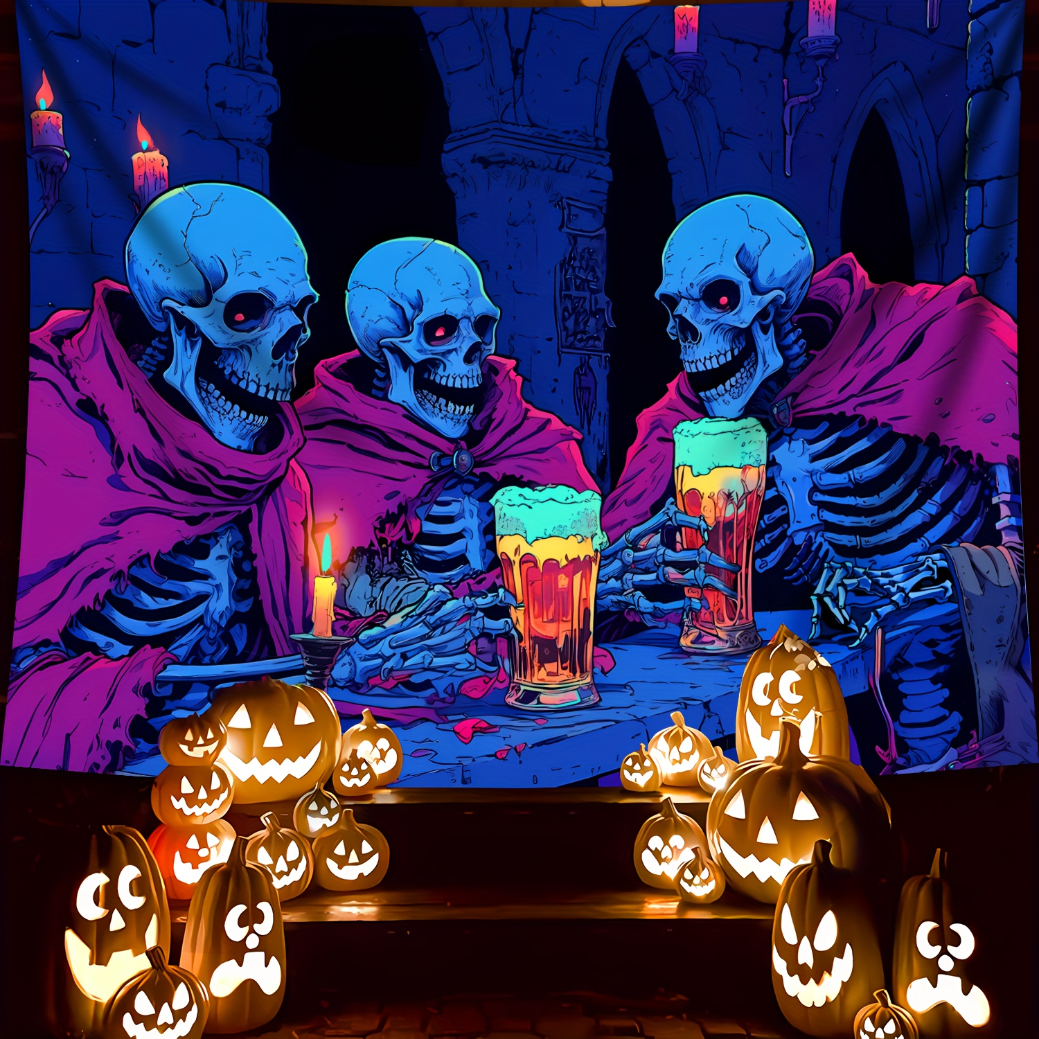 Tapisserie murale fluorescente à motif de crâne joyeux buvant de la bière, grande taille, effet peau de pêche, avec accessoires offerts. Accessoires inclus._voghion.com