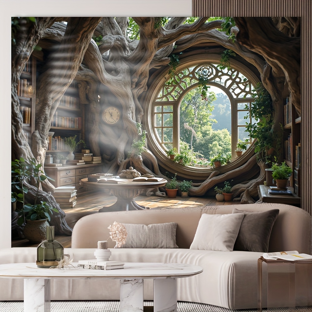Arazzo da parete in poliestere resistente con motivo "Casa sull'albero incantata" e biblioteca, 1 pezzo. Non necessita di elettricità. Ideale per Natale, Capodanno, Carnevale, decorazioni per interni ed esterni._voghion.com
