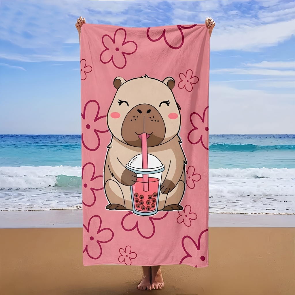 1pc Cartoon Capybara Holding Pearl Milk Tea Beach Towel Soft Absorbent Towel For Swimming Fitness Yoga Travel Camping Beach Poolside Use_voghion.com
