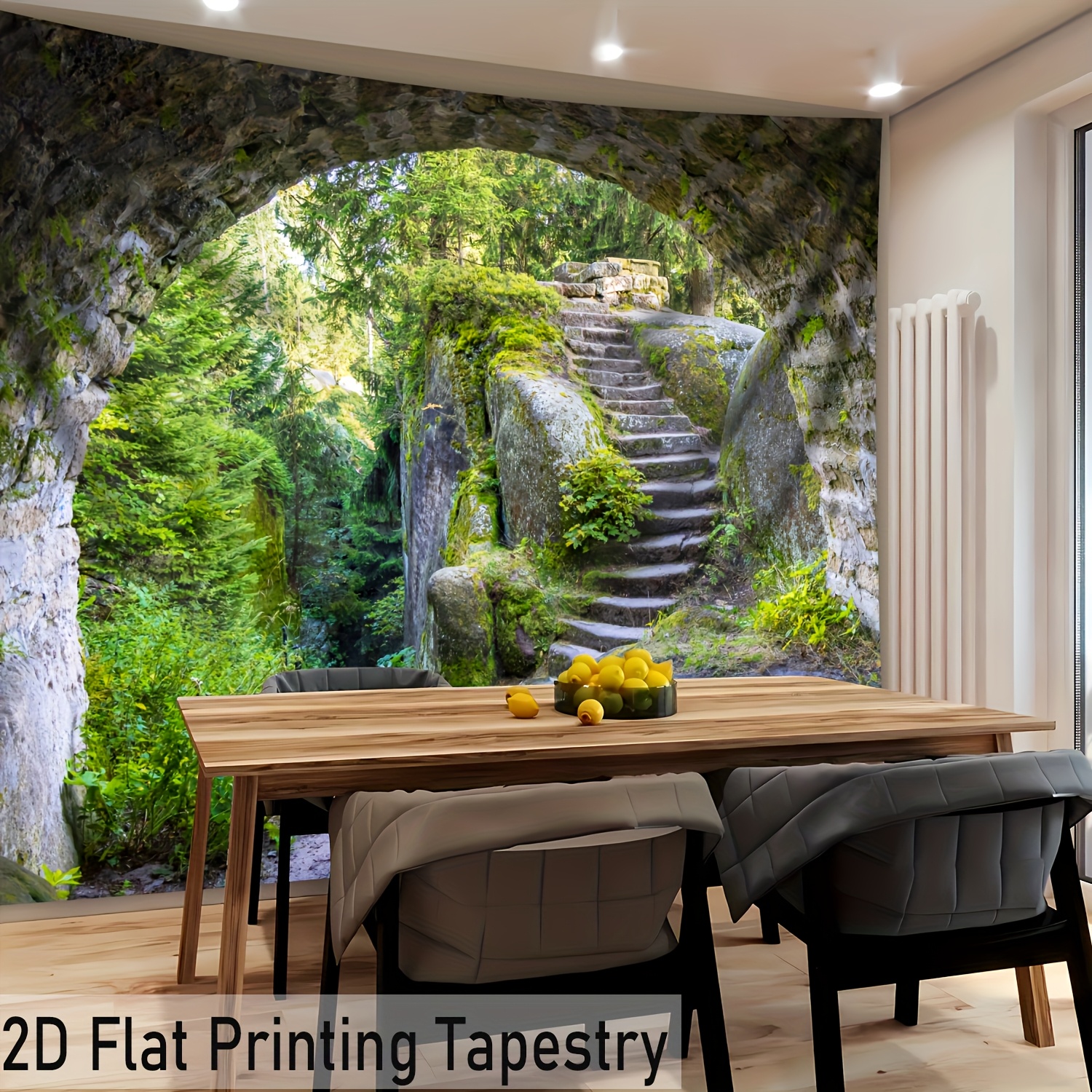 Oversized 2D Printed Tapestry Featuring A Cave, Trees, And Stone Steps In High Definition - Made Of Polyester Fiber - For Home Decor - No Installation_voghion.com