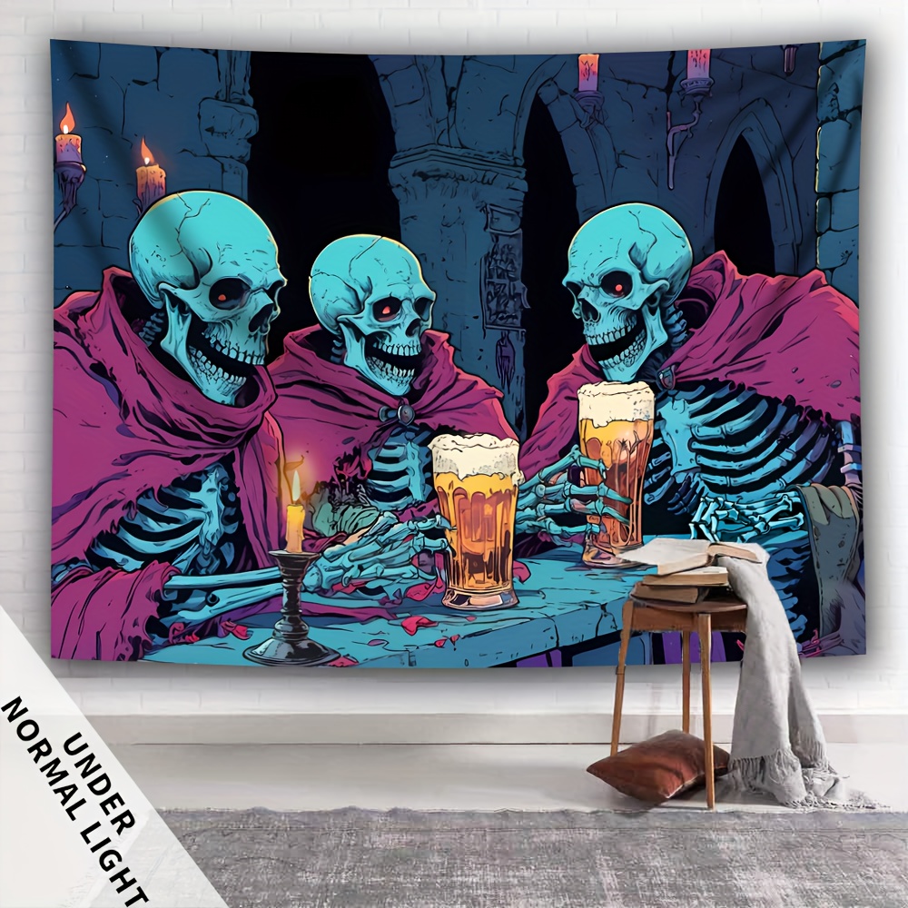 Tapisserie murale fluorescente à motif de crâne joyeux buvant de la bière, grande taille, effet peau de pêche, avec accessoires offerts. Accessoires inclus._voghion.com