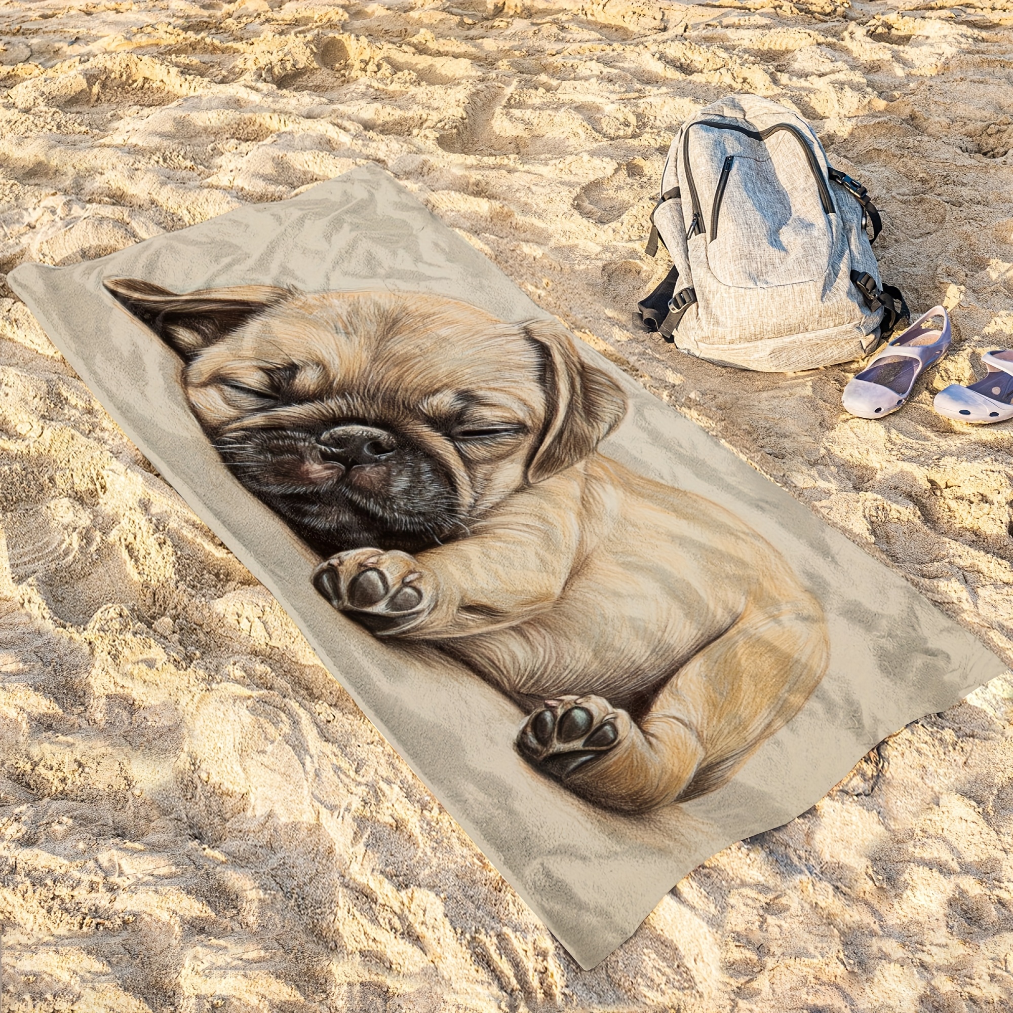 1pc Microfiber Beach Towel With Sleeping Pug Puppy Pattern Lightweight Absorbent Ideal For Yoga Travel Swimming Beach Fitness Camping Great Gift_voghion.com