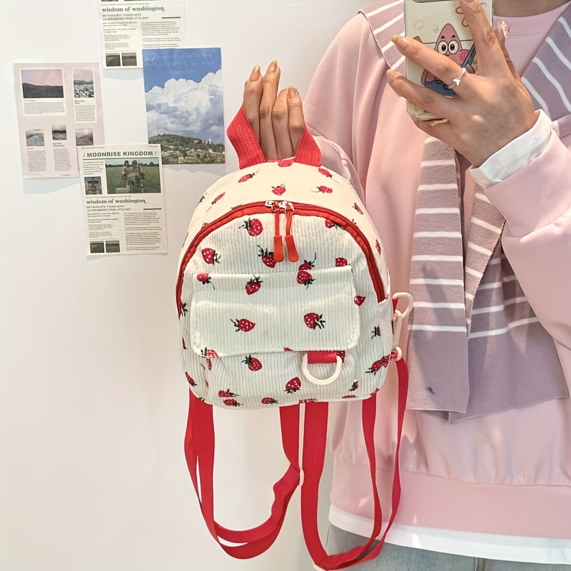 Kawaii White Vertical Corduroy Small Backpack Red Strawberry Pattern Multi Compartment Adjustable Straps Ladies Campus Daily Mini Travel Backpack_voghion.com