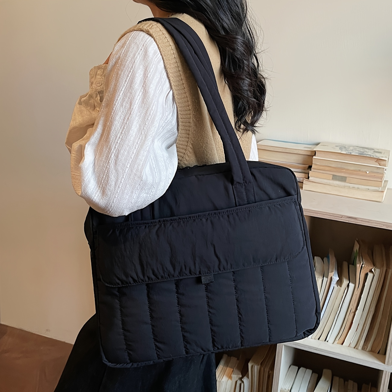 Gesteppte 14-Zoll-Laptoptasche für Damen, großes Fassungsvermögen, mehrere Fächer, ideal für den Alltag und die Arbeit, Schultertasche_voghion.com