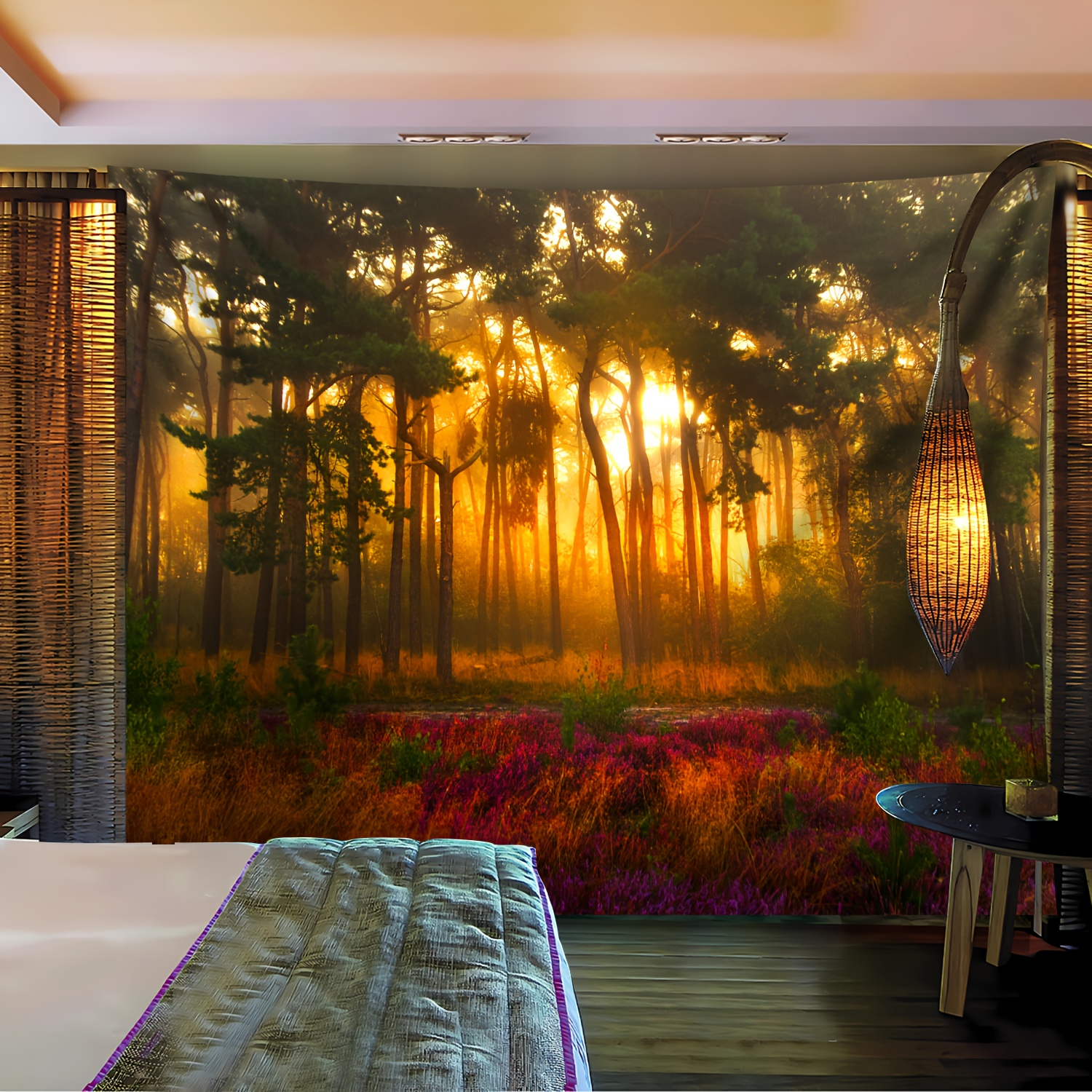 Ultra Large Mysterious Sunset Forest Landscape Polyester Tapestry 1pc Wall Hanging Decor For Home Room Party Live Streaming Background With Free Clips_voghion.com