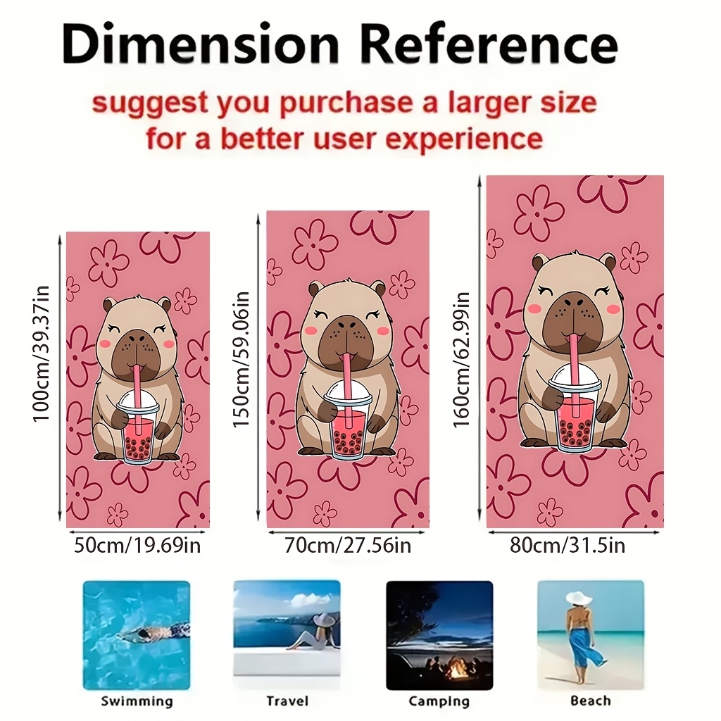 Serviette de plage douce et absorbante (1 pièce) avec un capybara tenant un thé au lait perlé. Idéale pour la natation, le fitness, le yoga, les voyages, le camping et la piscine._voghion.com
