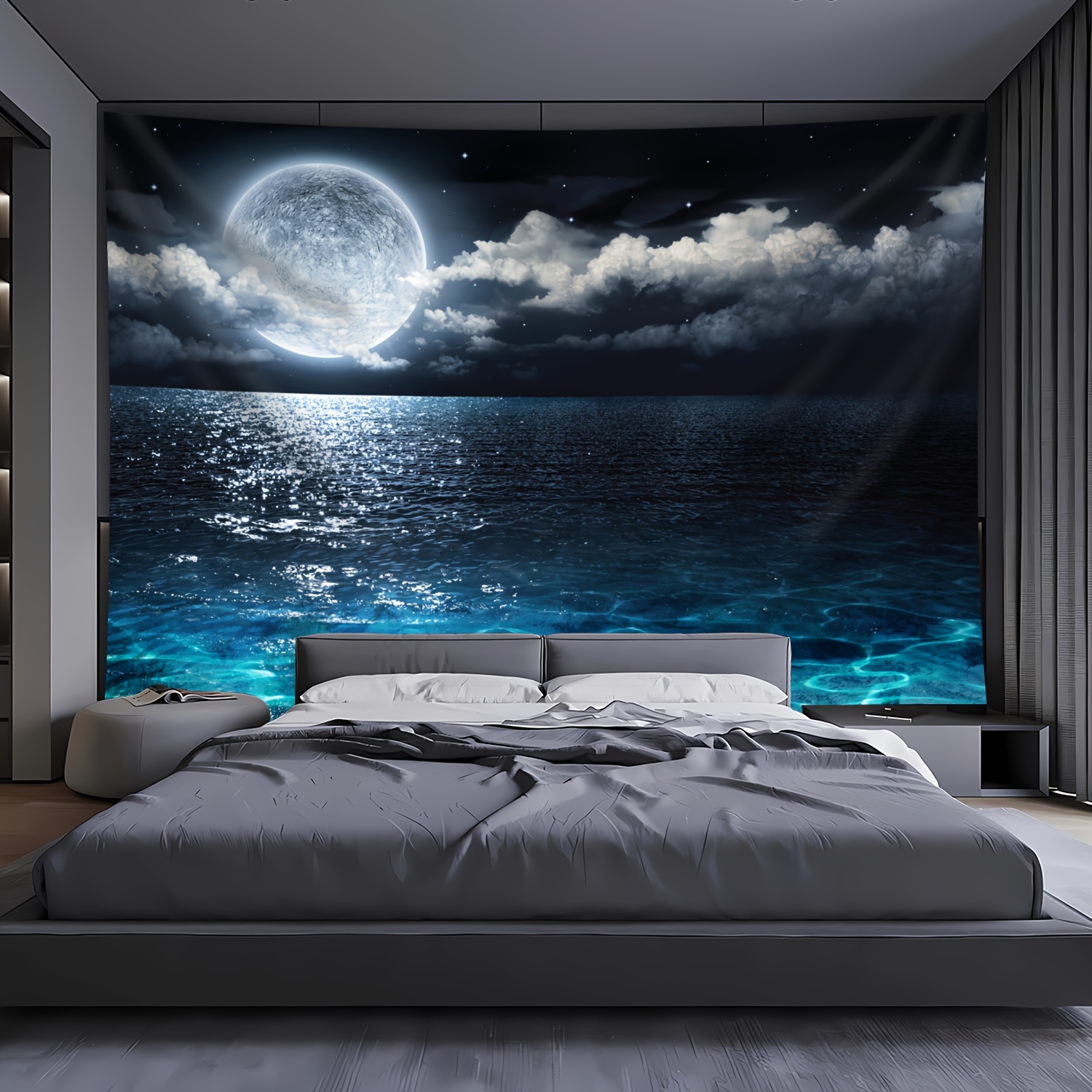 Ultra Large Sea Moon Landscape Wall Hanging Tapestry 1pc Polyester Photo Background Cloth For Room Party Live Decoration With Free Hanging Clips_voghion.com