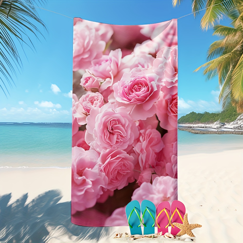 1pc Oversized Pink Rose Print Beach Towel Soft Durable Polyester Large Comfortable Beach Towel For Pool Travel Summer Outings_voghion.com