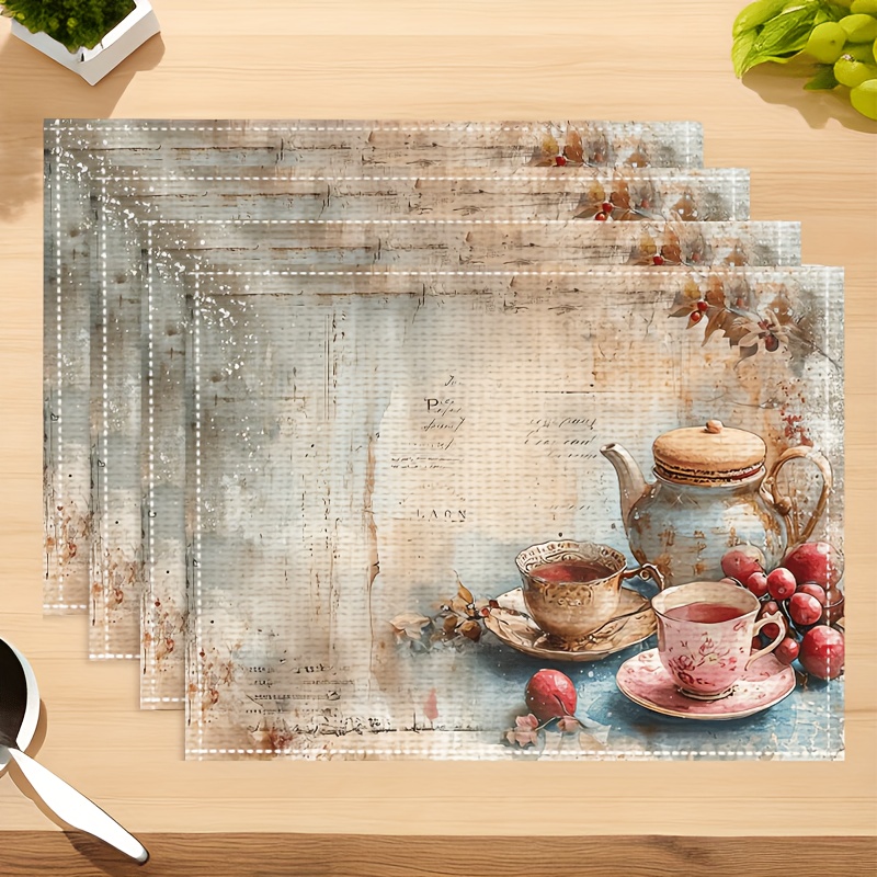 4pcs Vintage Tableware Pattern Artistic Placemats Heat Resistant Non Slip Washable Table Mats For Restaurants Kitchens Outdoor Garden Afternoon Tea_voghion.com