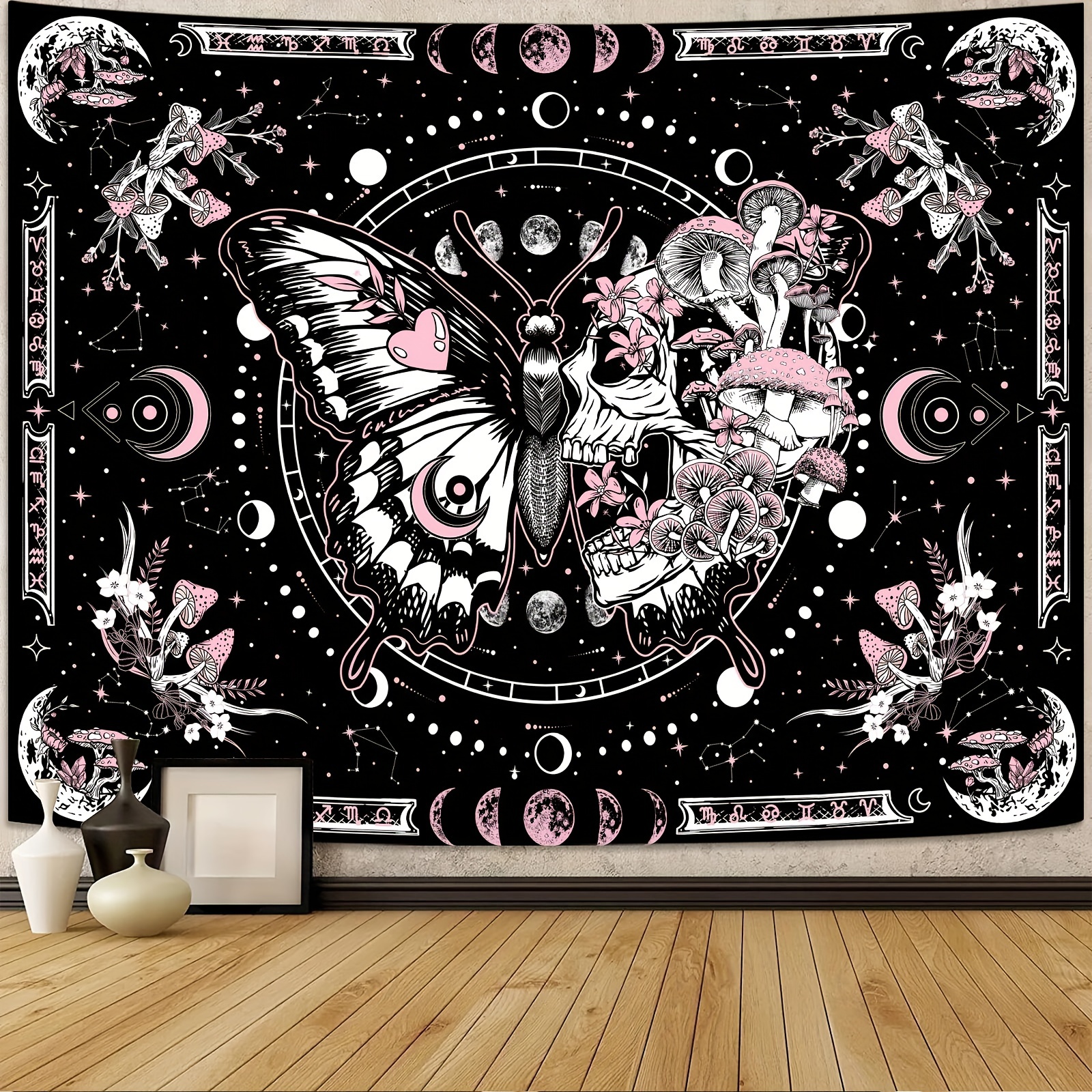 Skeleton Butterfly Tapestry Pink Skull Hippie Mushroom Plants Tapestry For Bedroom Moon Phase Aesthetic Tapestries Wall Hanging For Living Room Dorm_voghion.com