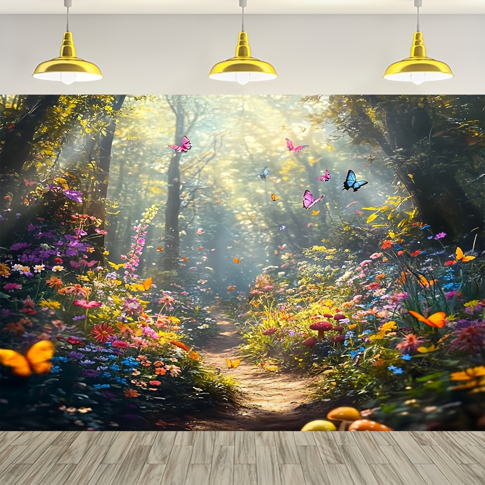 Großer Wandteppich „Verzauberter Wald und Schmetterling“, 1-teilig, strapazierfähiges Polyester, mit praktischen Aufhängelöchern, märchenhafte Szene, Dekoration für alle Jahreszeiten und Feste_voghion.com