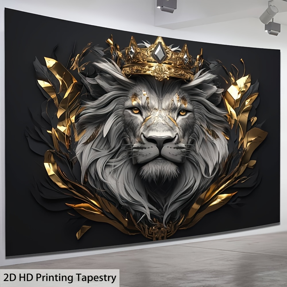 Tapiz horizontal 2D con majestuoso león y corona, detalle exquisito, varios tamaños, sin necesidad de electricidad, decoración de pared para sala de estar, dormitorio, oficina o fiesta._voghion.com