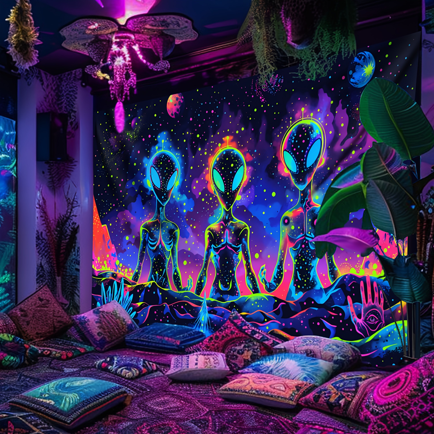 1pc Three Mysterious Aliens Glow In UV Light Large Size Peach Skin Fluorescent Tapestry Aesthetic Wall Decor For Bedroom Party With Free Accessories_voghion.com