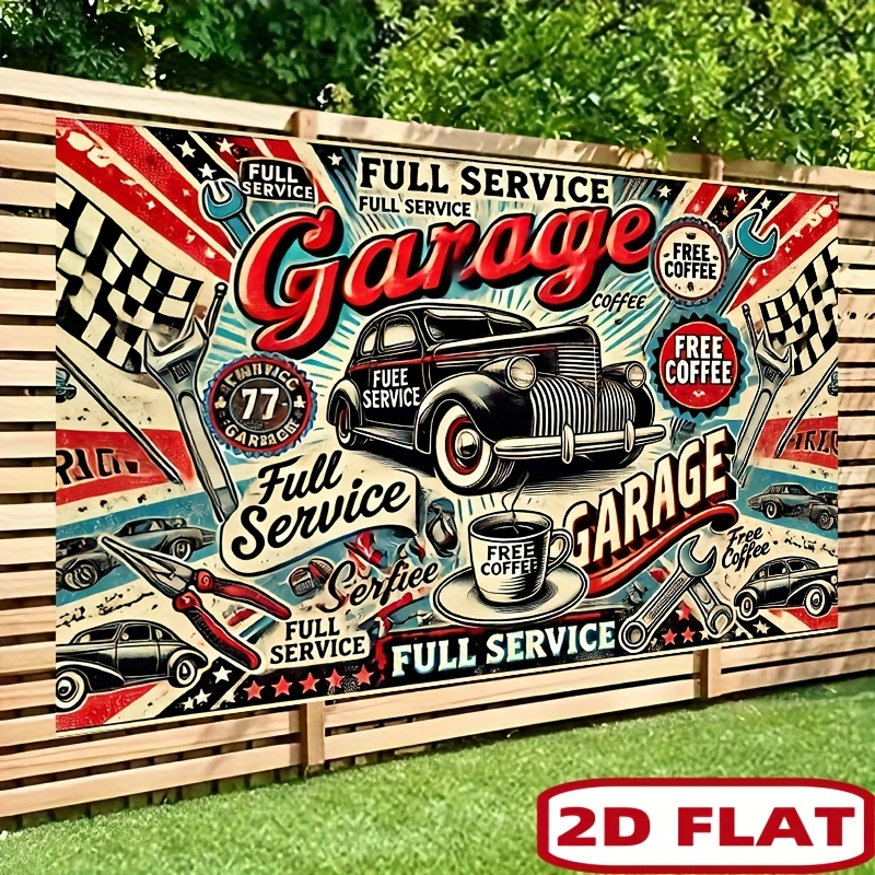 Vintage garagedeurbanner van polyester, wandtapijt met koffiethema en volledige service. Geschikt als achtergrond voor een feestje of fotoshoot, binnen- en buitendecoratie._voghion.com